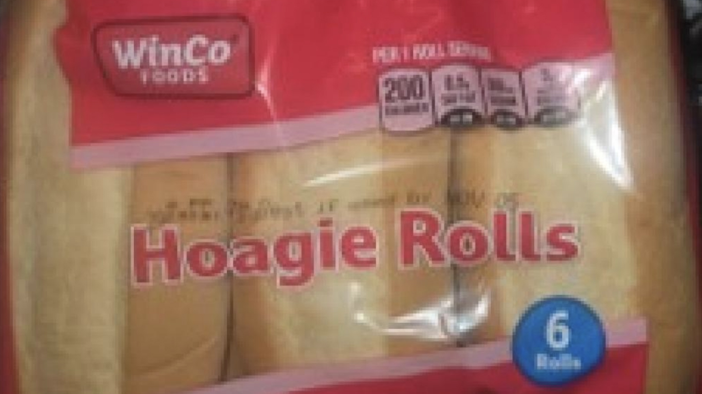 WinCo Foods Brand Hoagie Rolls packaging with a 'RECALLED' sticker, emphasizing food safety